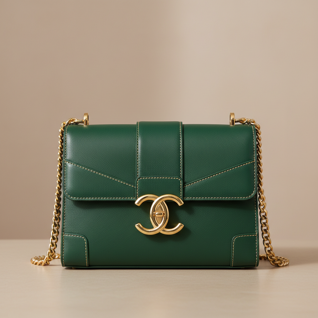 Chain shoulder bag in black — luxury imported handbag with interlocking gold chain strap and quilted leather
