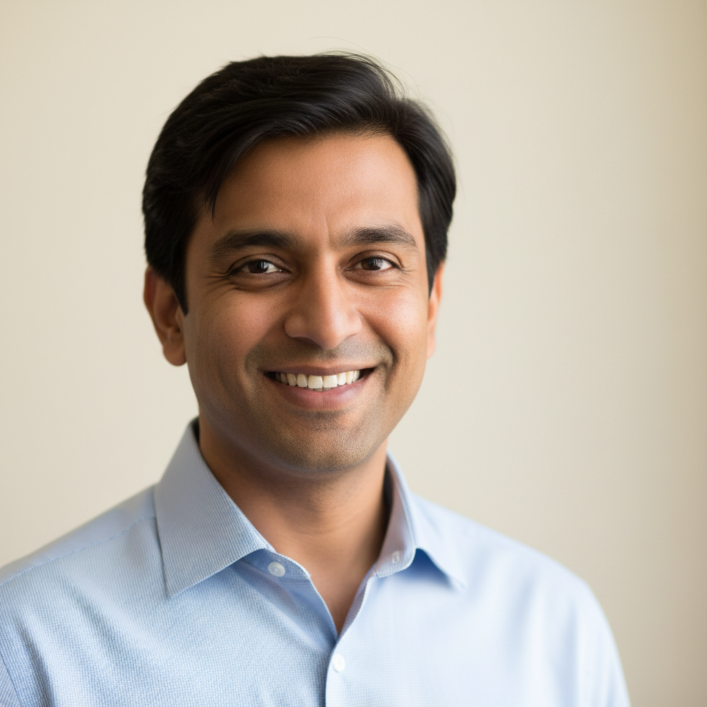 Professional portrait of Slavic man in his 30s with short brown hair wearing black shirt in technology workspace with monitors in background