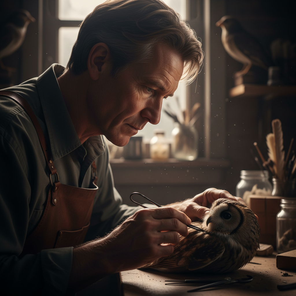Dale Harrington, master bird taxidermist, photographed in studio with dramatic rim lighting