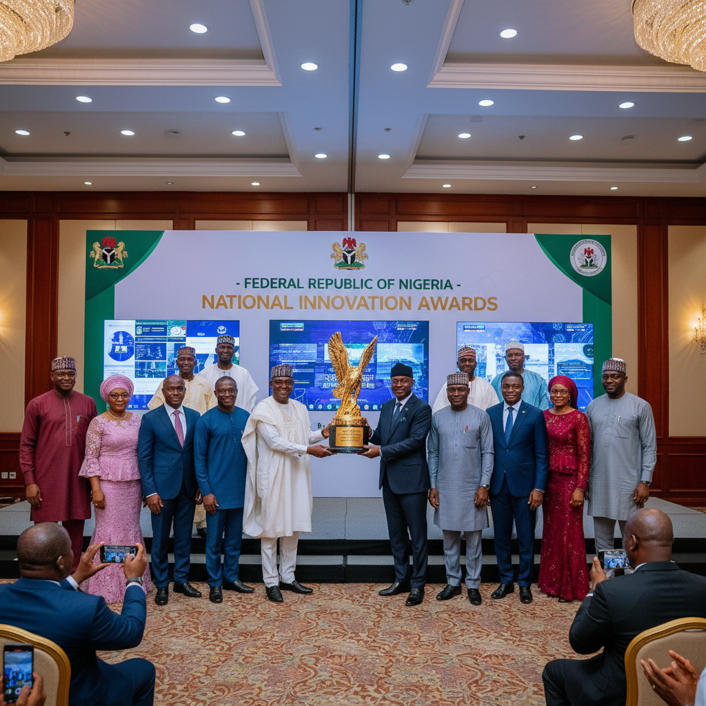 JJHF team receiving award from Nigerian government officials at formal ceremony