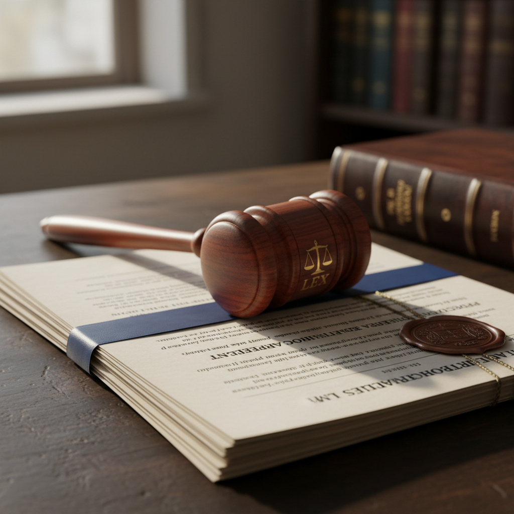 Legal documents with gavel on wooden desk