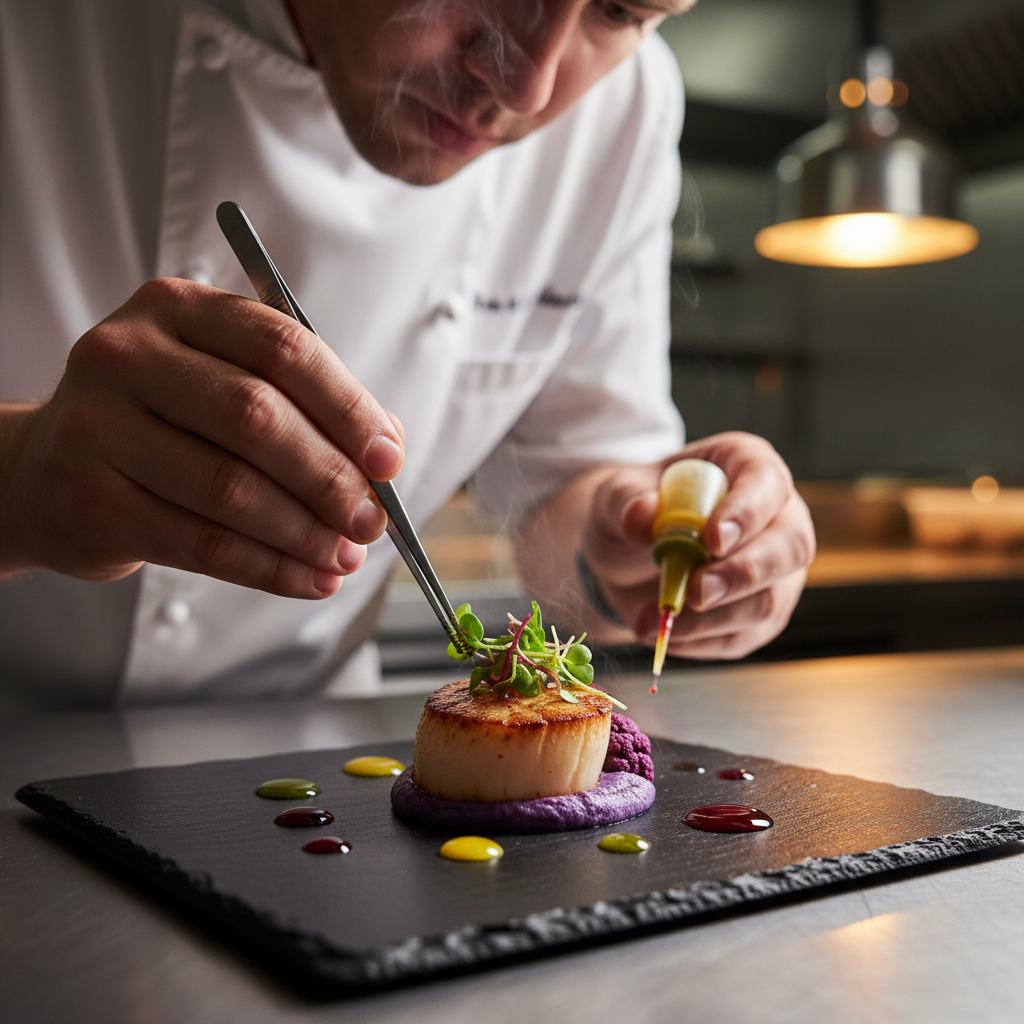 Chef carefully plating a gourmet dish with precision and artistry in a professional kitchen