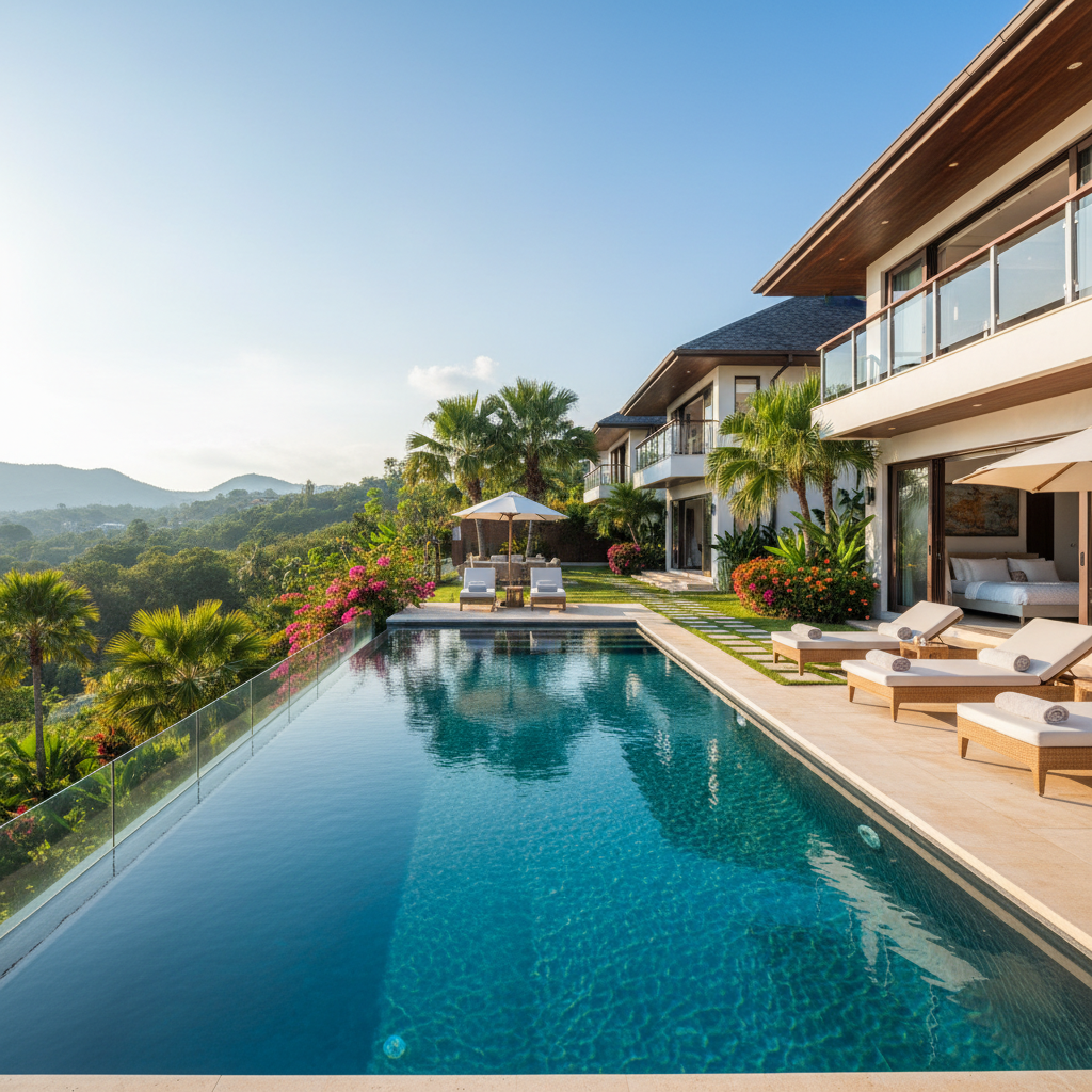 Luxury villa with infinity pool overlooking green landscape, bright open sky