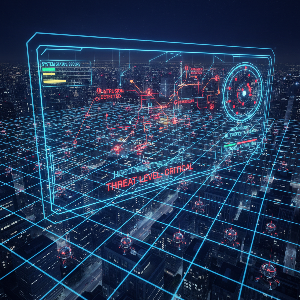Dark futuristic digital map with glowing grid lines and atmospheric coastal fog