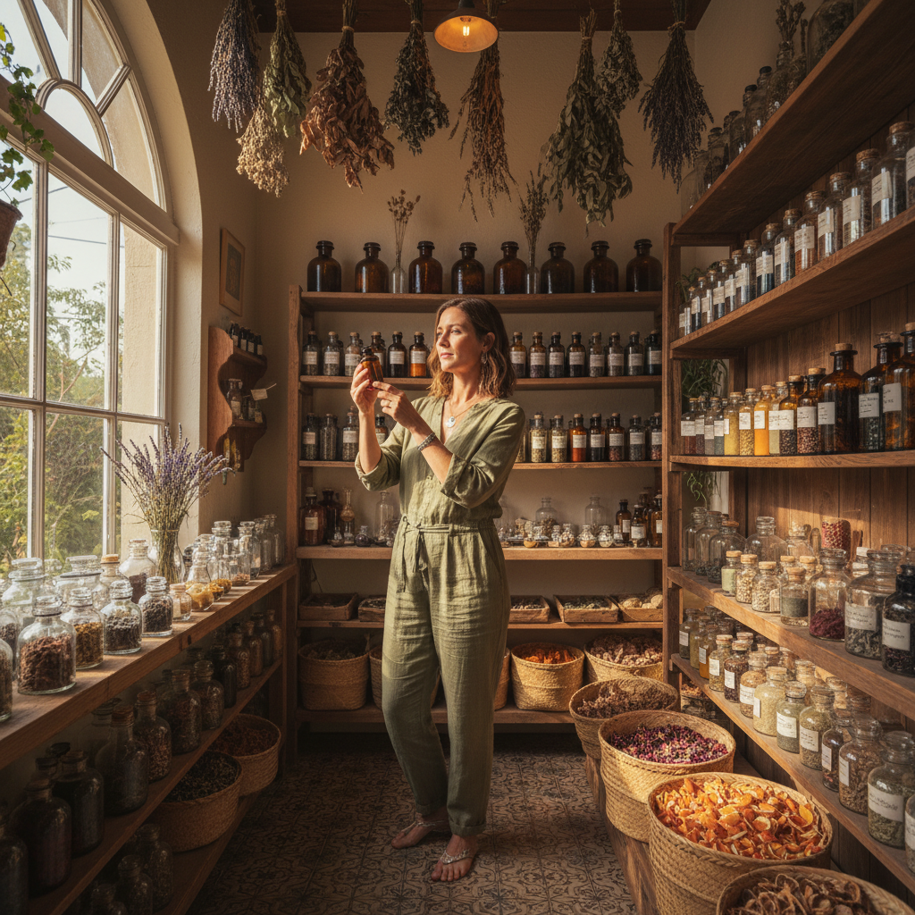 LuxeBeauty founder Elena Marchetti in her Los Angeles apothecary surrounded by botanical ingredients and glass formulation vessels