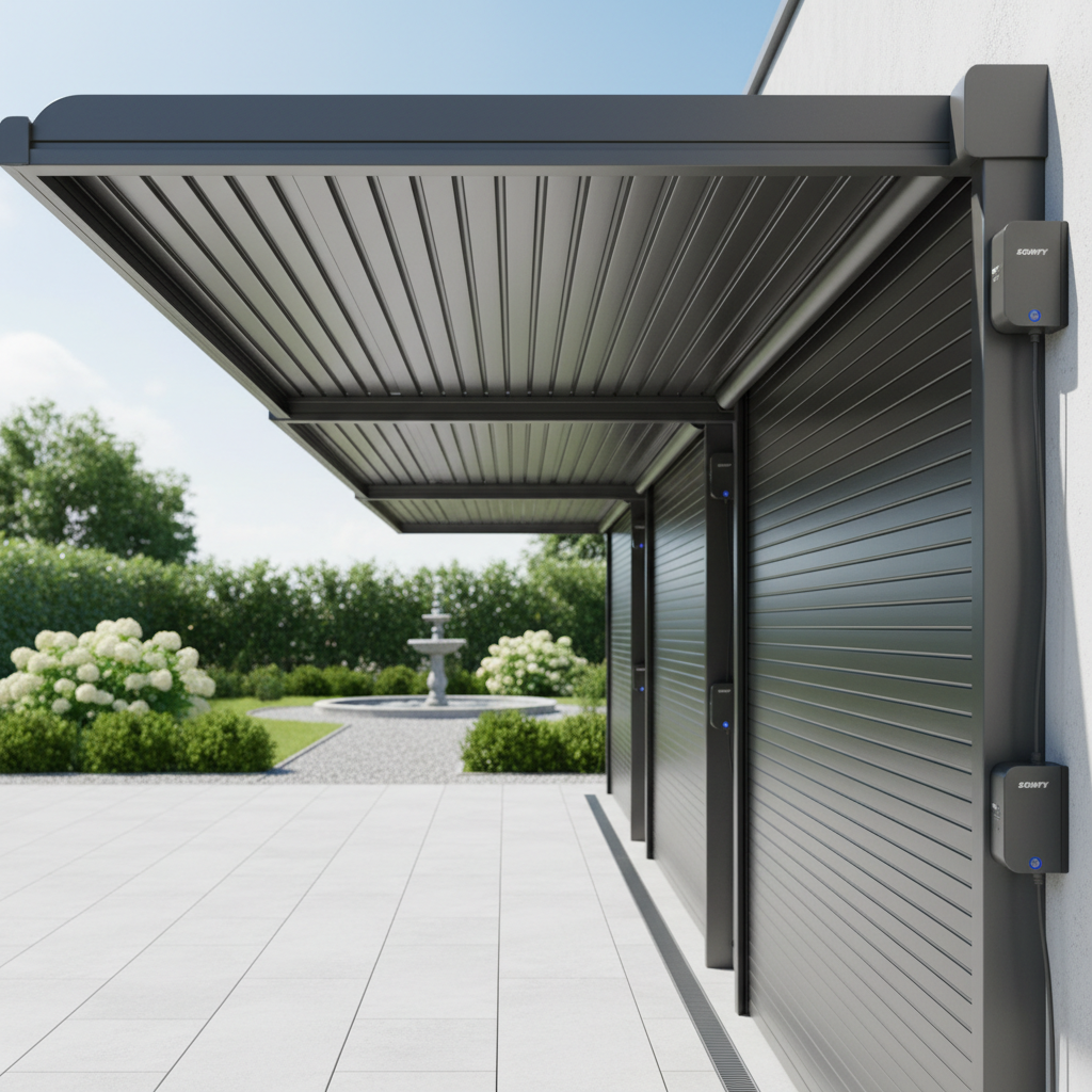 Covered patio with aluminum roof panels, privacy wall on the north side, and integrated gutters