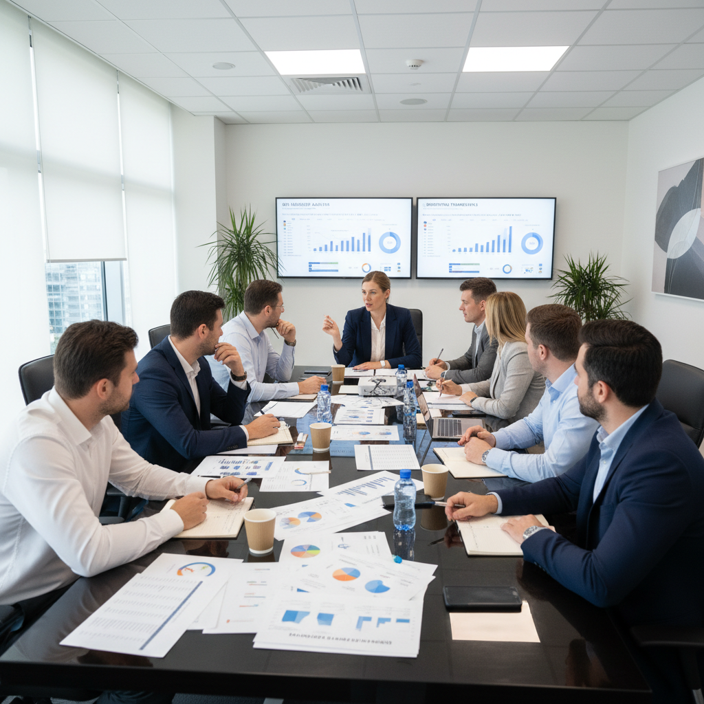 Professional SME office meeting, business team in modern boardroom with natural light