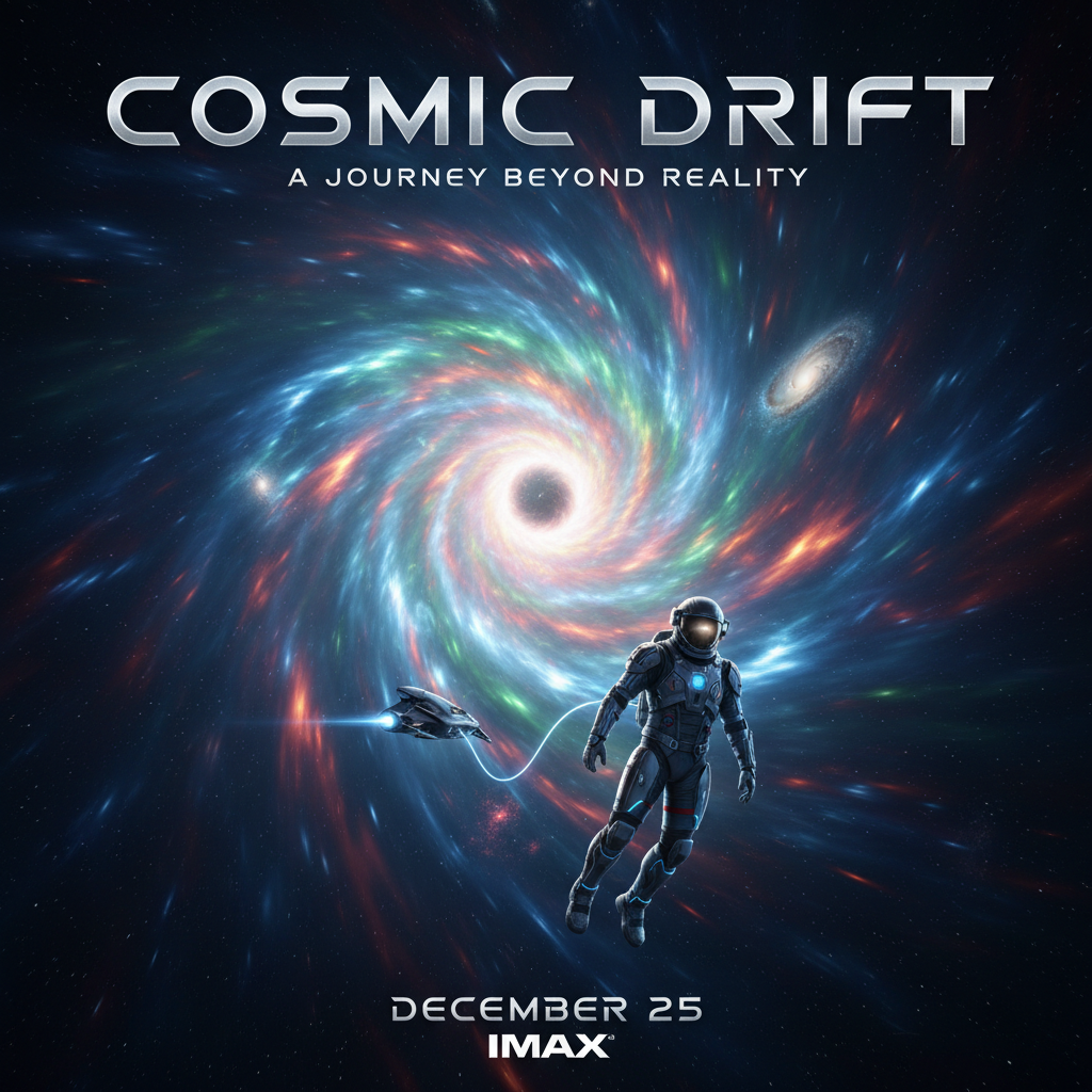 Space exploration movie scene with astronaut floating near a wormhole and distant stars