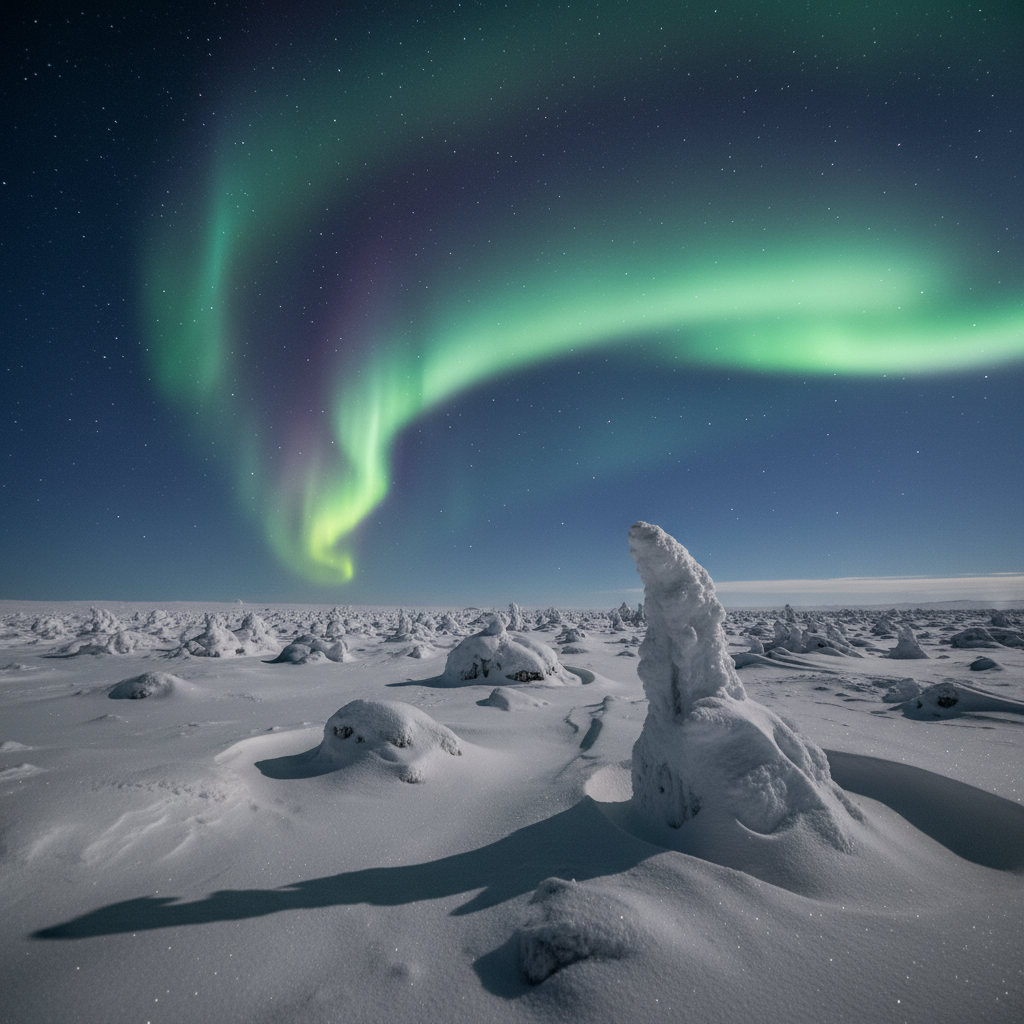 Frozen wilderness trail in Alaska with snow-covered spruce trees and aurora borealis in the night sky
