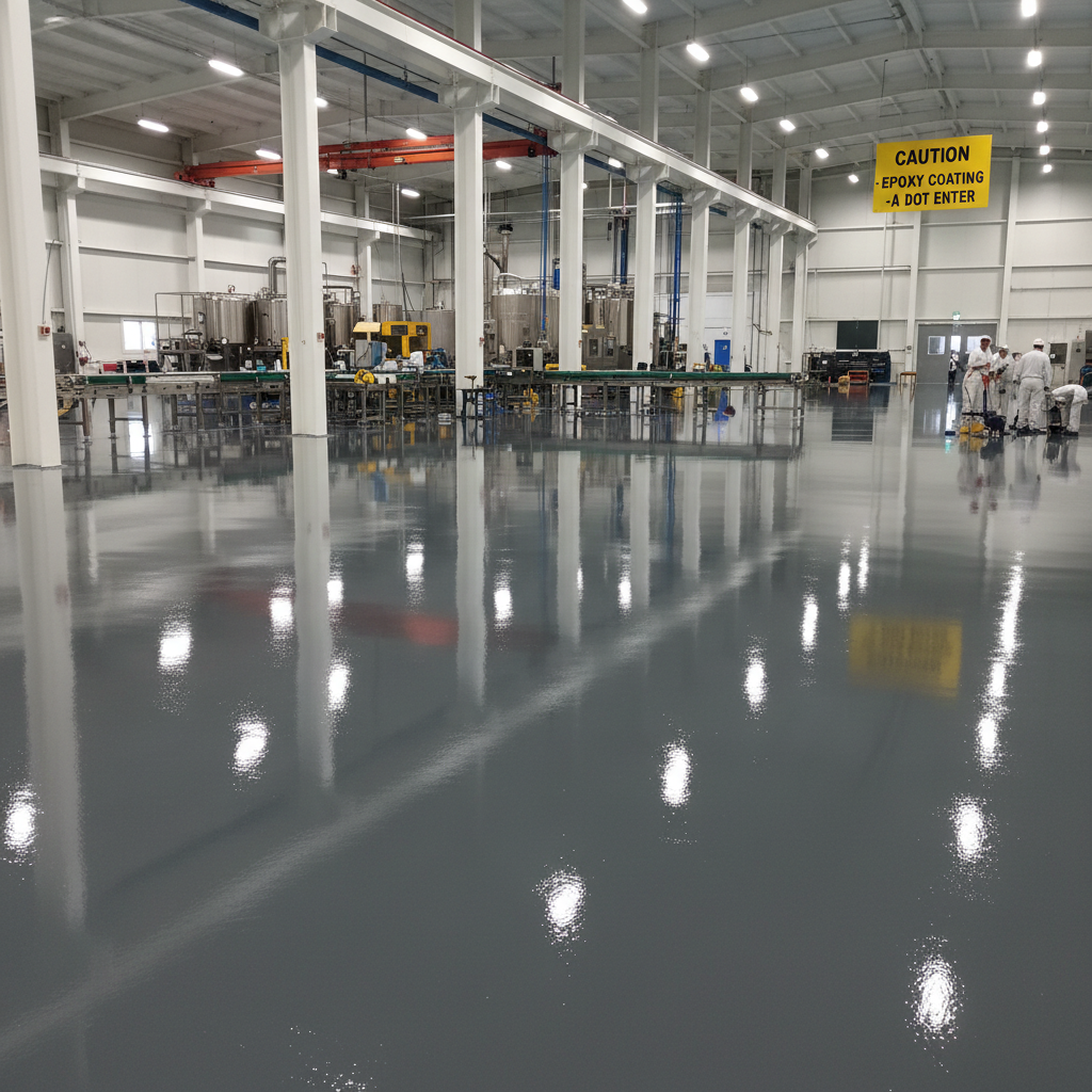 Clean industrial factory floor with smooth grey epoxy coating, production machinery on seamless chemical-resistant surface, bright overhead lighting