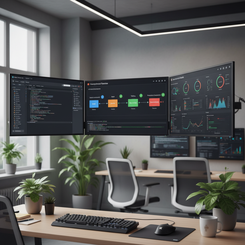 Developer tools dashboard with code editor and deployment pipeline visualization