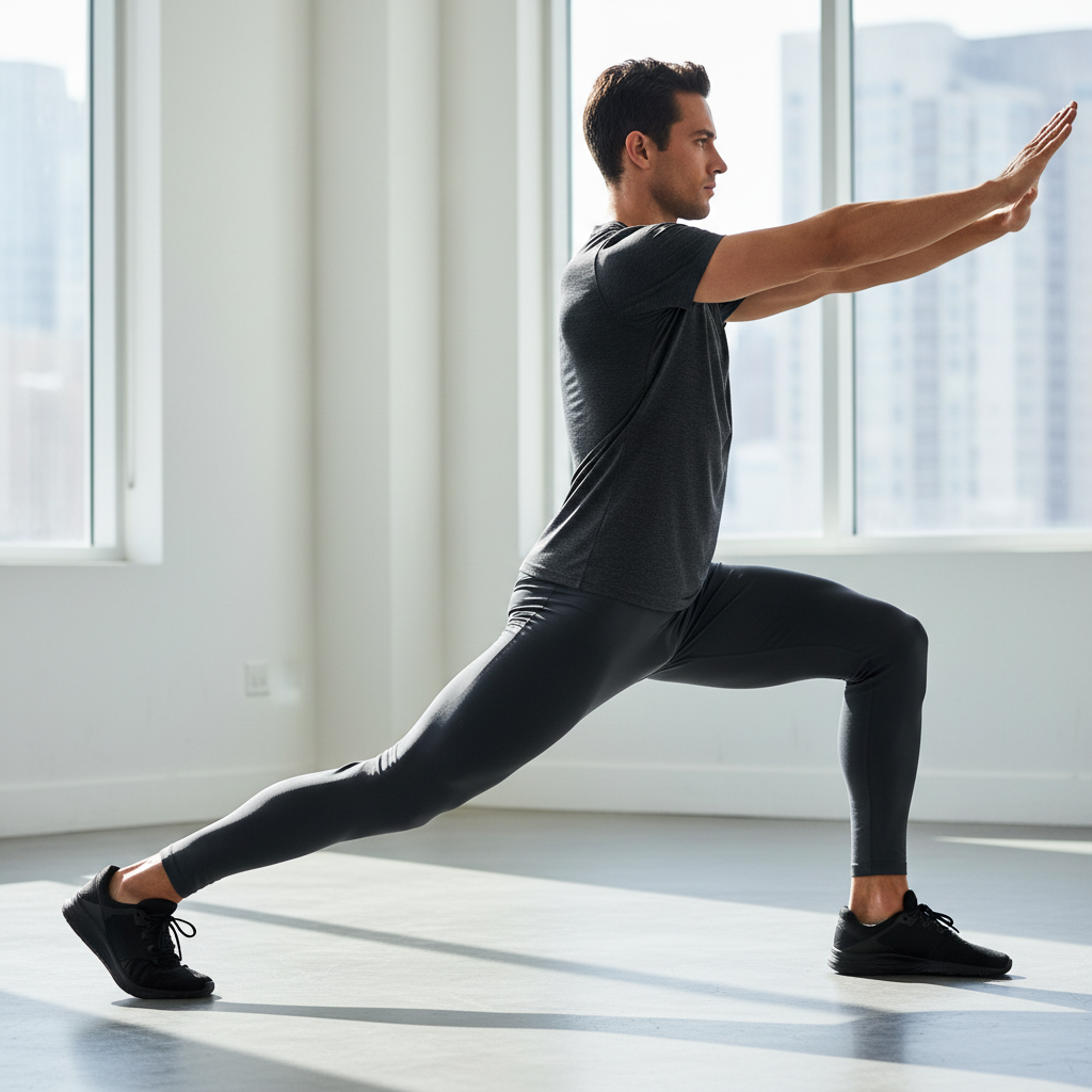 Man doing walking lunges in gym, proper form, athletic gear, bright training space