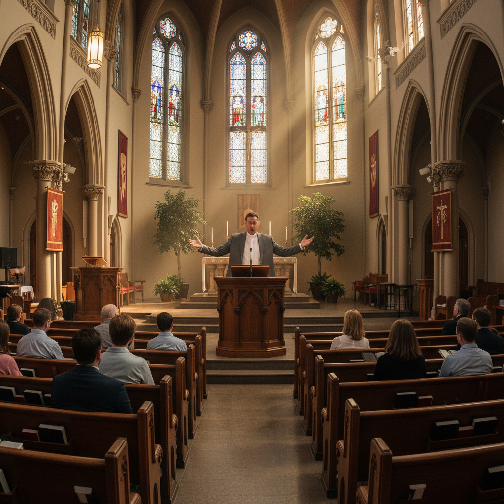 Pastor speaking at pulpit with engaged congregation visible, warm church interior
