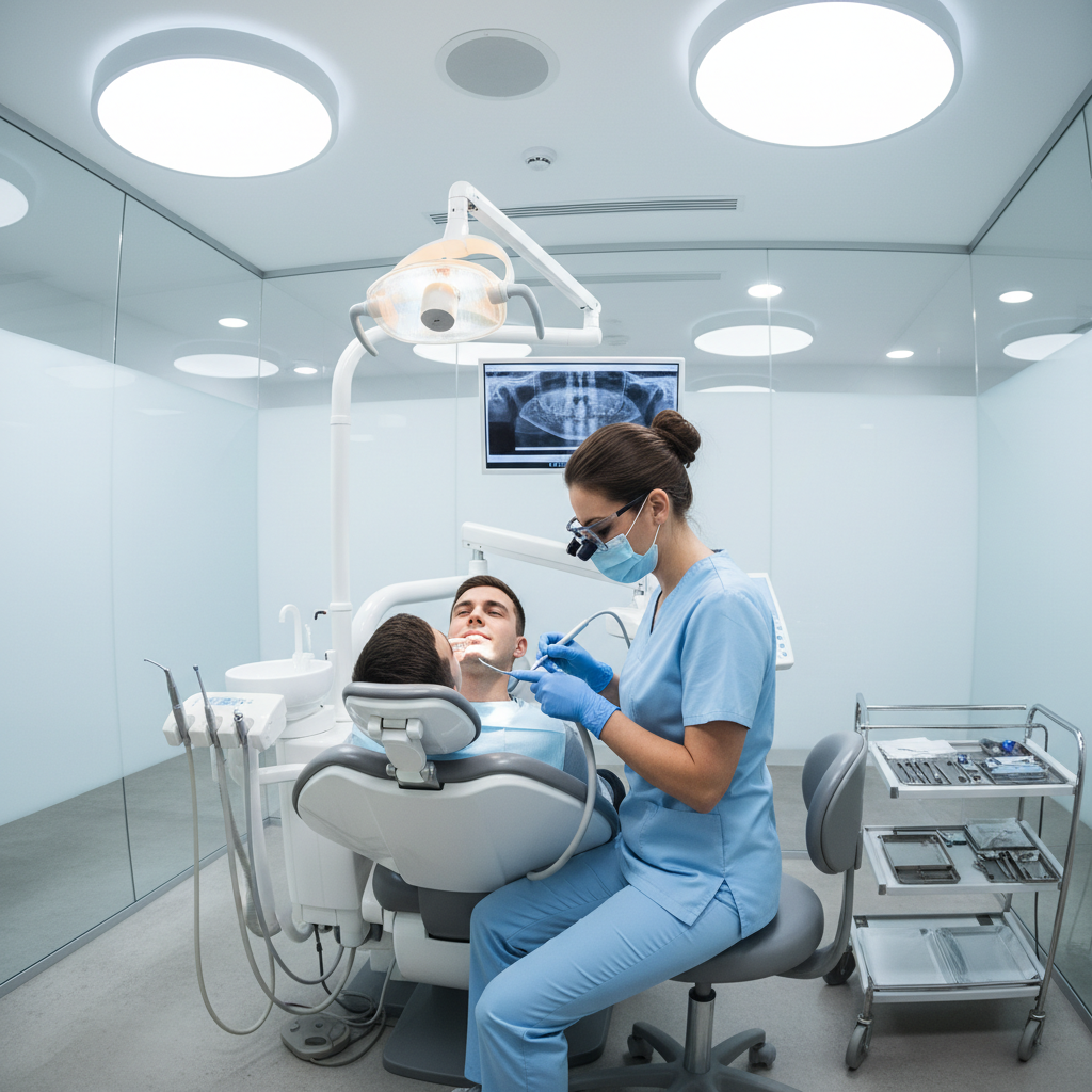 Male dentist in scrubs smiling in a modern dental office