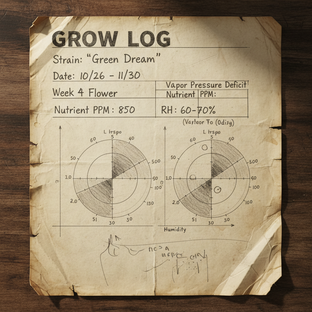 Close-up of handwritten grow log on weathered paper with pencil markings and VPD charts