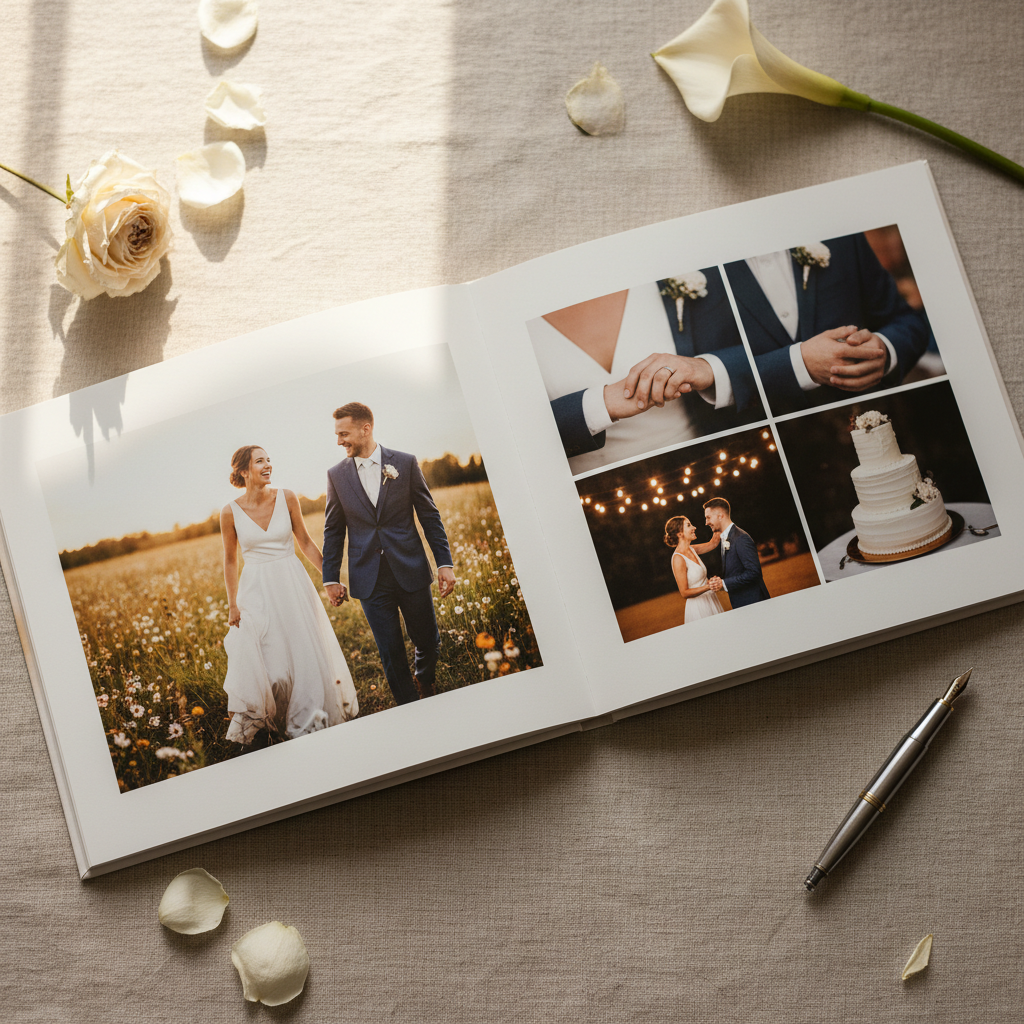 Open lay-flat wedding album spread with romantic couple portraits, rich warm tones, premium white linen pages, lay-flat binding visible