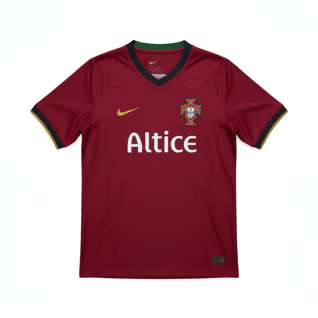 Red Portugal national team football jersey product shot, Selecao das Quinas home kit, sportswear