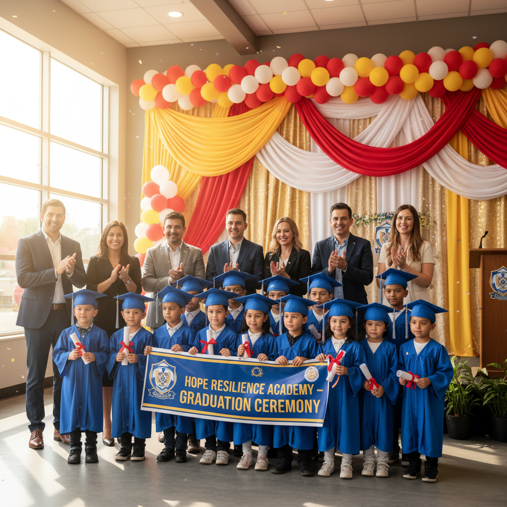 Children in graduation gowns and caps posing with adults at Hope Resilience Academy ceremony, background decorated with red, yellow and white fabric and balloons