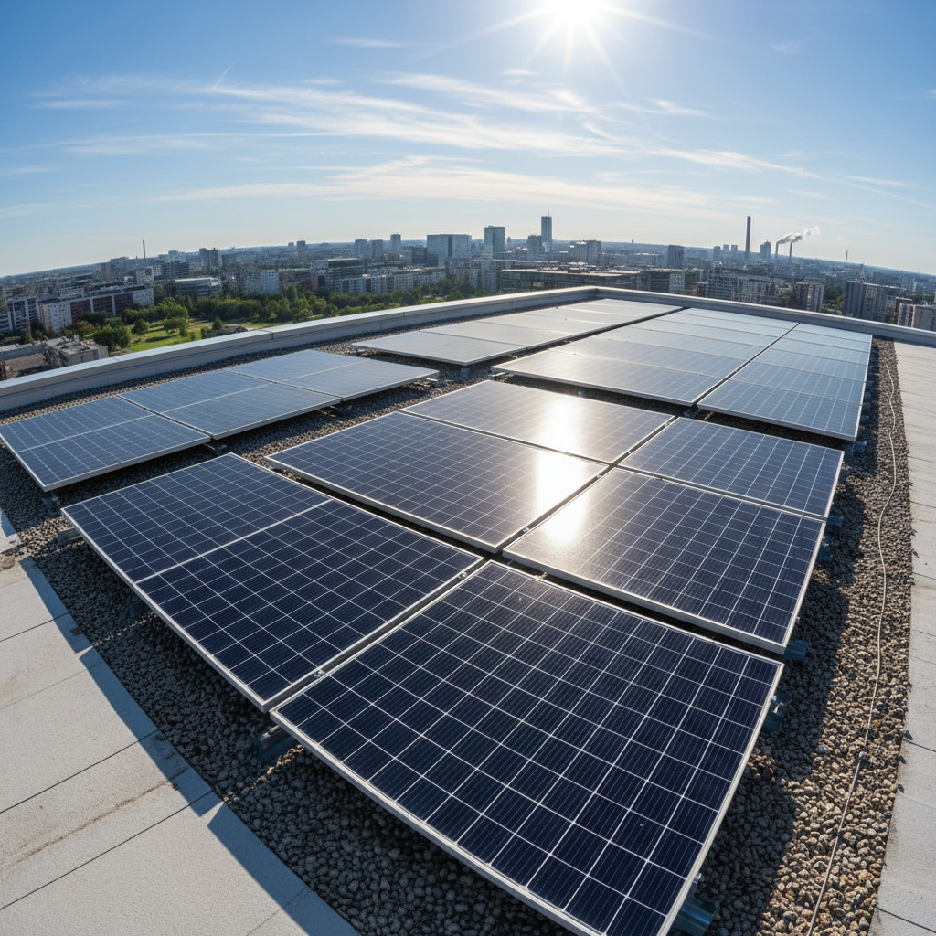 Solar panel on rooftop terrace with dark tiles and overcast city skyline, muted tones, urban setting