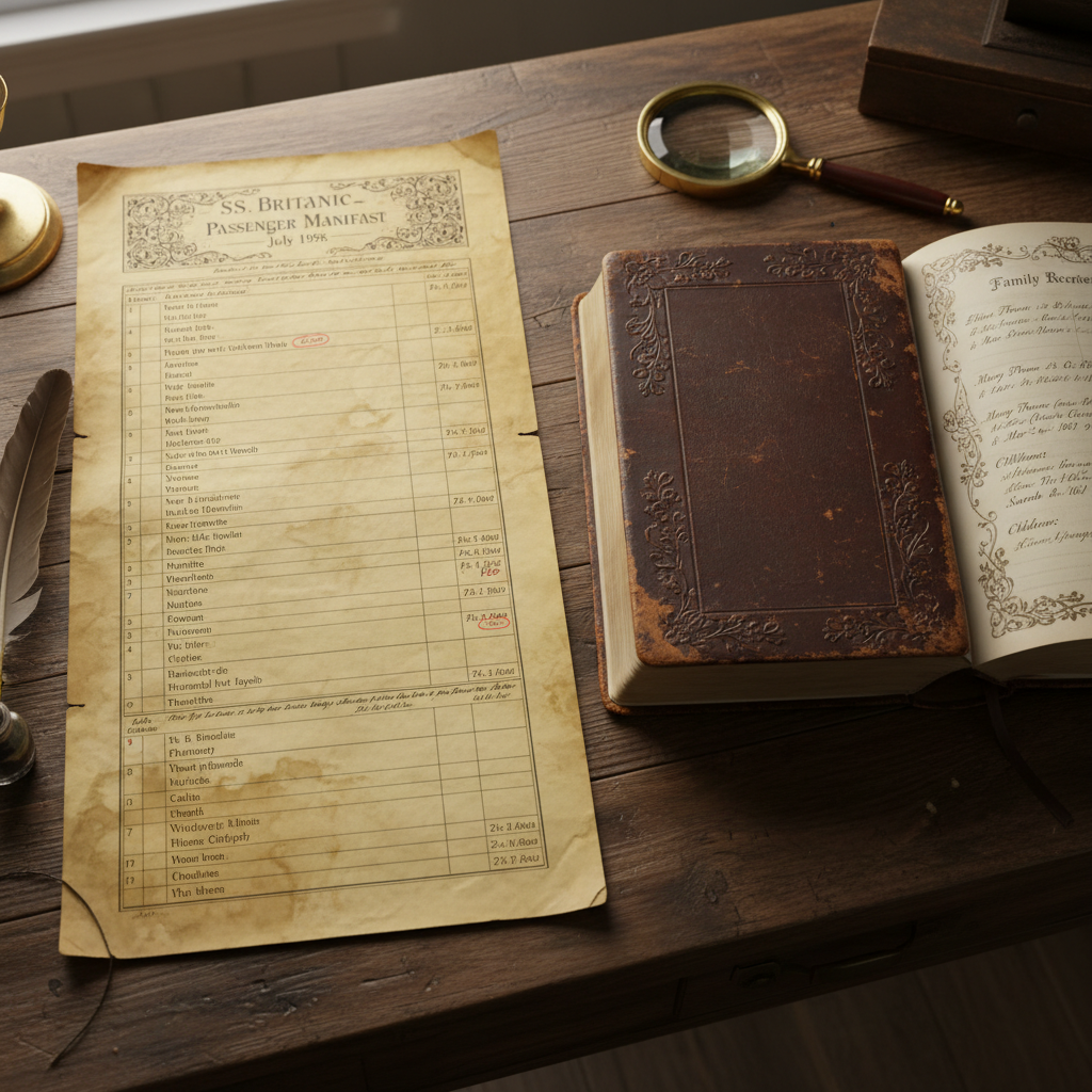 Two aged documents side by side on a wooden desk, one a ship passenger list and one a handwritten family Bible entry