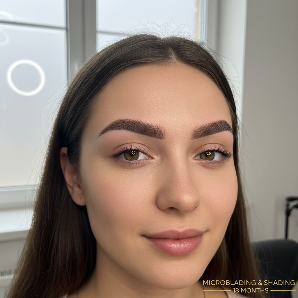 Sourcils parfaitement dessinés après microblading, gros plan sur visage féminin avec teint lumineux