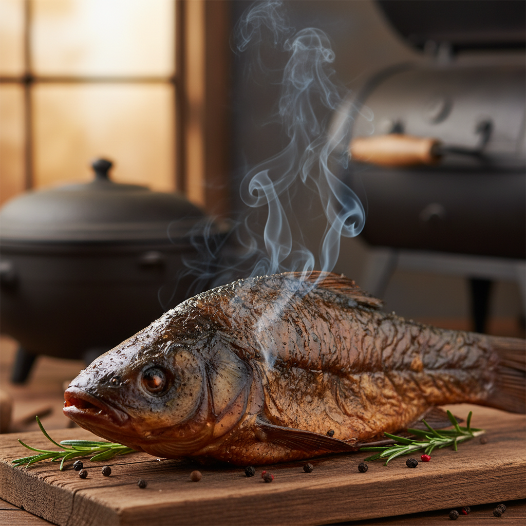 Whole smoked herrings in a row on a wooden plank, dark smoky skin with golden highlights