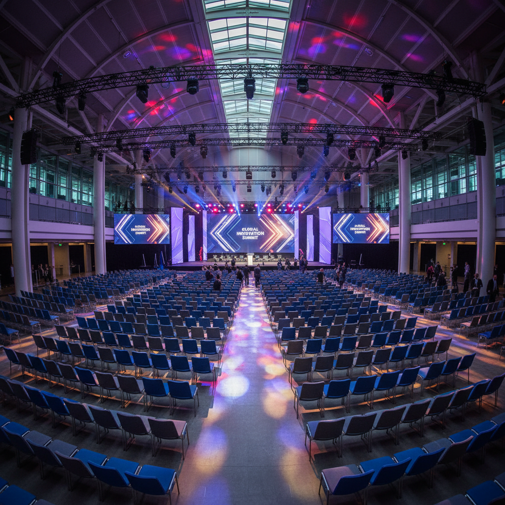 Massive convention center with dark atmospheric lighting, thousands of attendees filling arena floor, blue stage lighting, deep shadows and dramatic LED displays