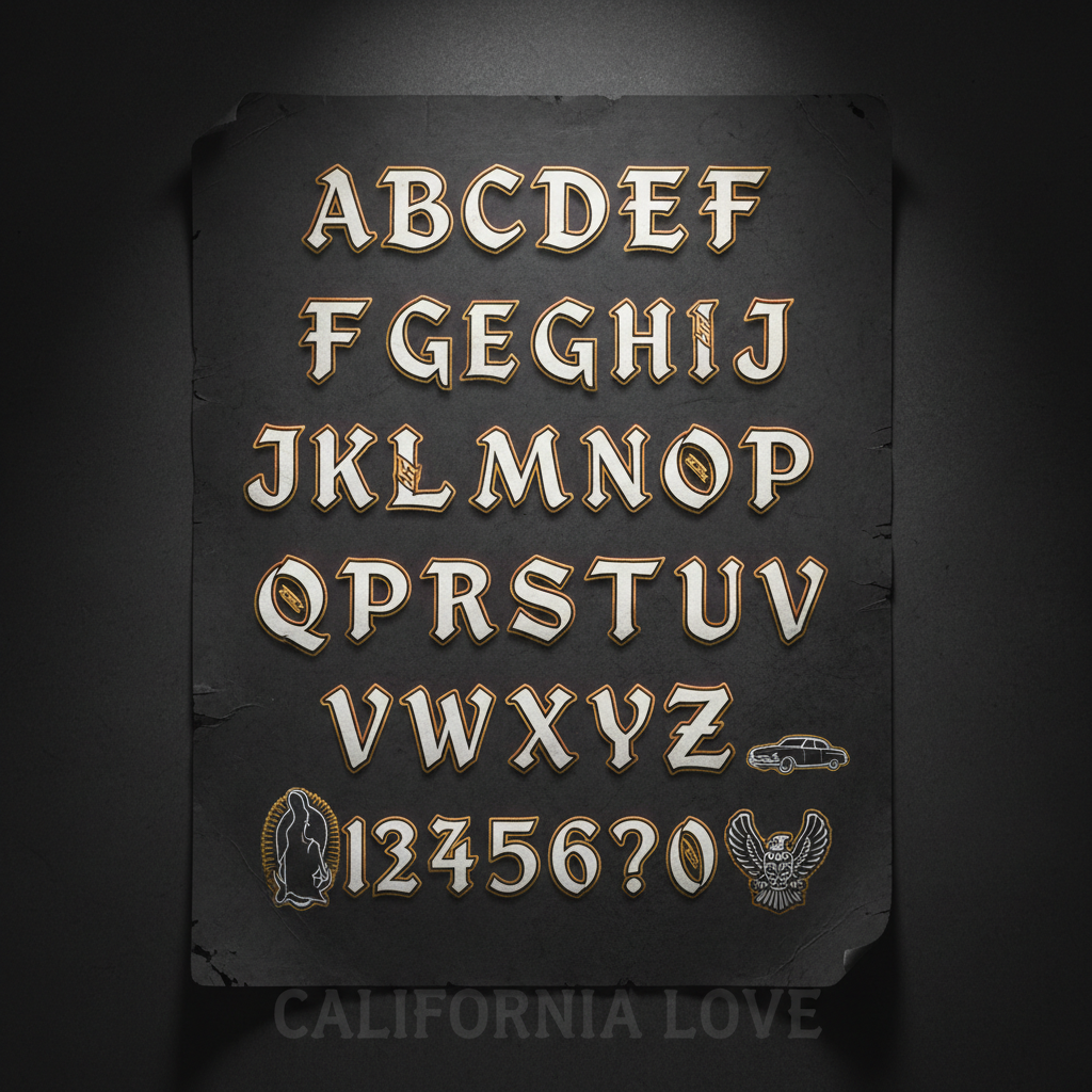 Chicano alphabet reference sheet on dark paper, bold block letters, low-key dramatic studio lighting