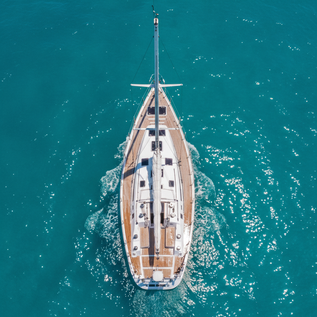 Aerial drone shot of white sailboat showing full waterline and teak deck from above