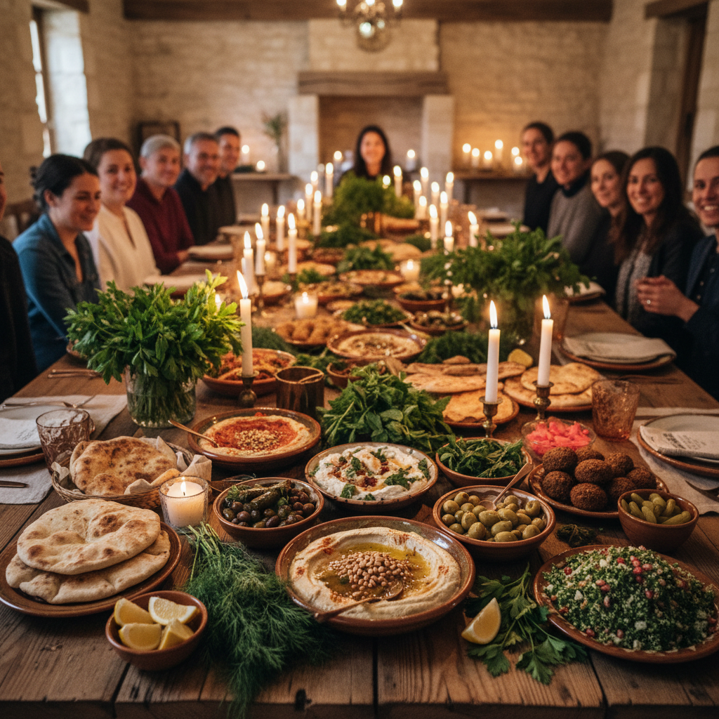 Familiäres Abendessen mit libanesischen Speisen auf einem gedeckten Tisch