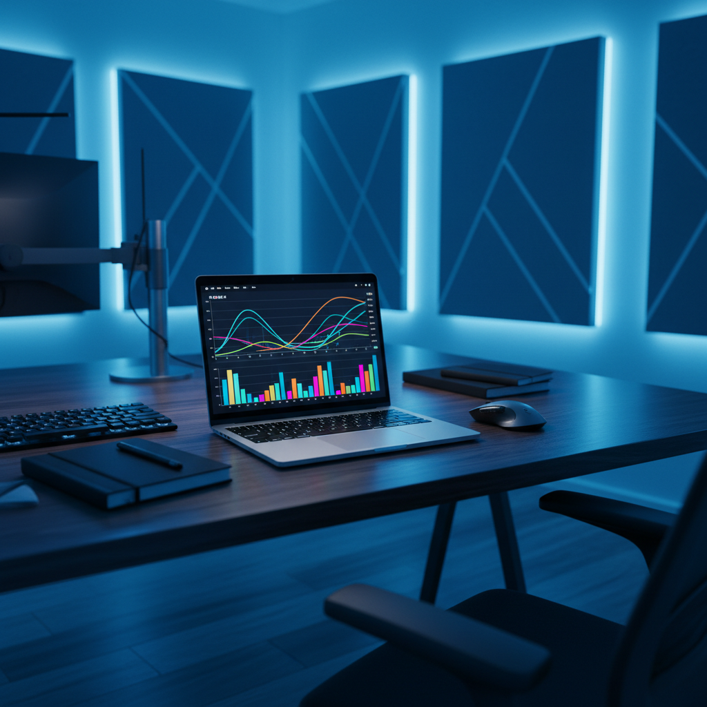 Laptop computer open on desk showing tech workspace with dark background