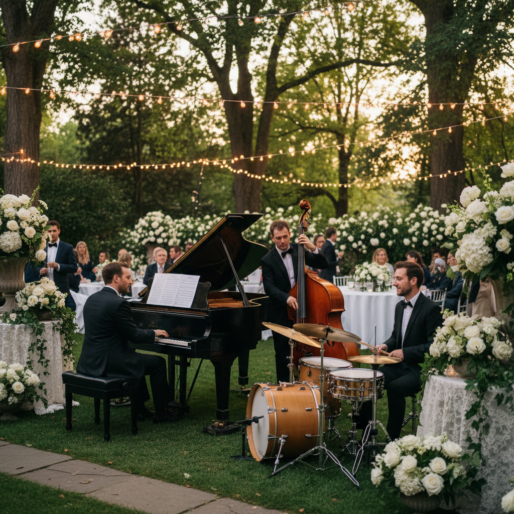 Jazz trio performing under fairy lights during cocktail hour at an outdoor garden wedding reception