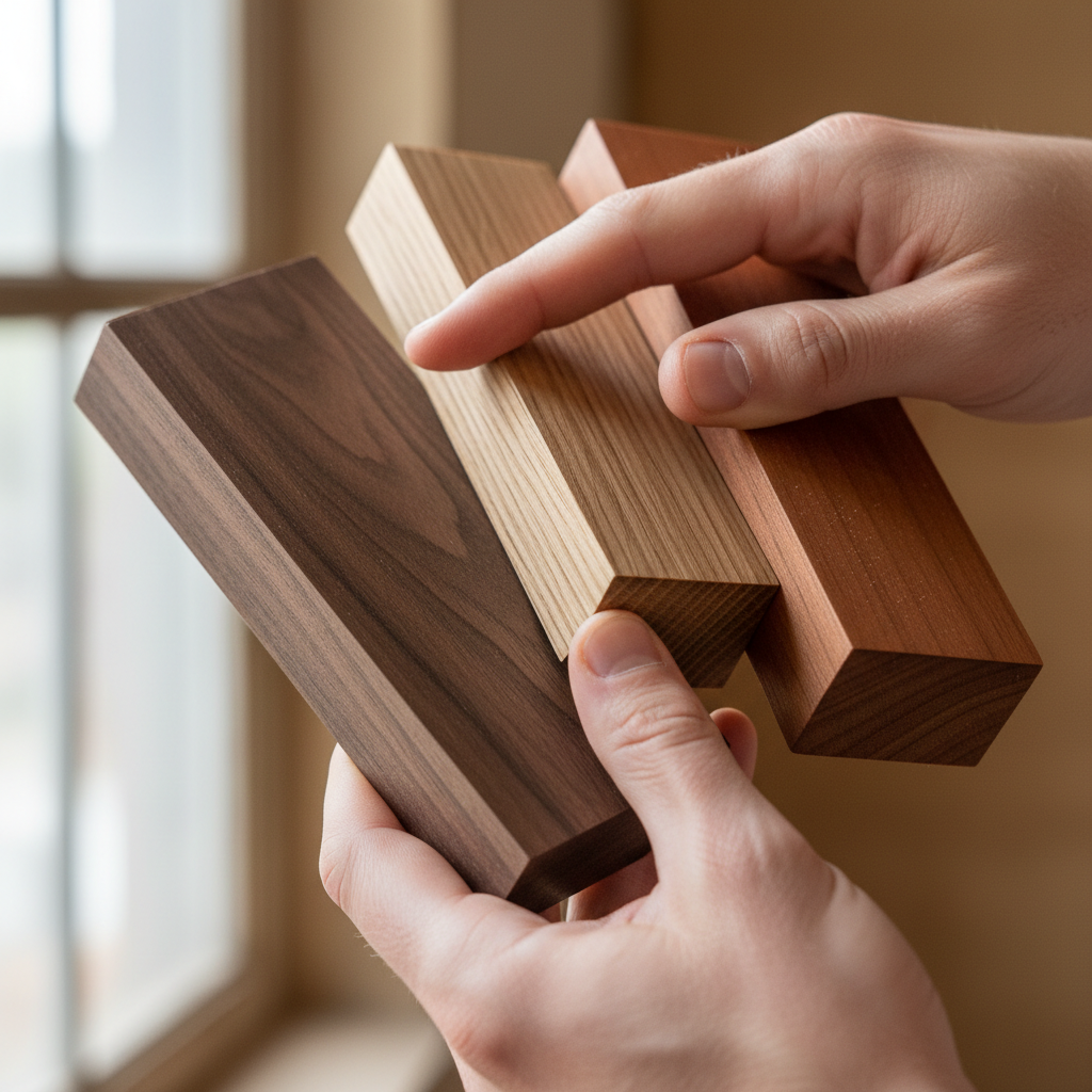 Various hardwood lumber samples showing different grain patterns and tones for selection