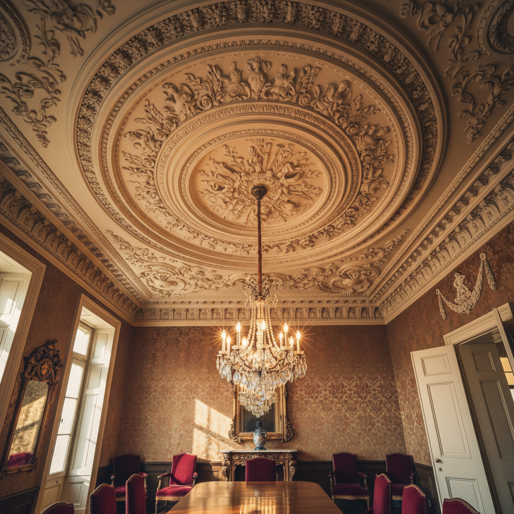 Ornate original plaster ceiling medallion and cornice detail in a historic mansion interior, warm amber light catching the relief work