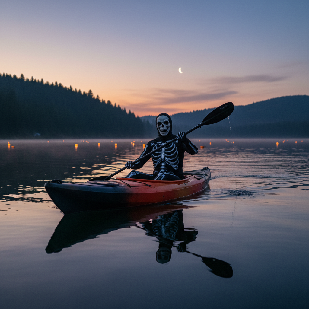 Guest in skeleton costume kayaking at dusk