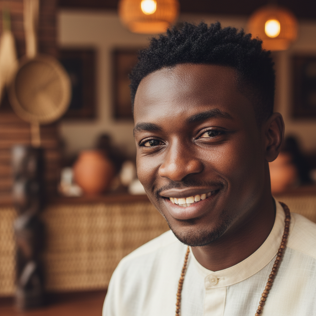 Young Nigerian man smiling confidently, local restaurant reviewer on Victoria Island