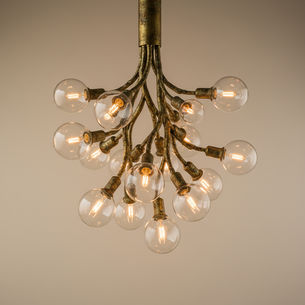 Birch cluster chandelier with aged brass finish featuring multiple glass globe pendants