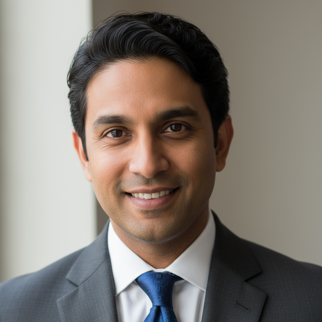 Portrait of a South Asian man, professional headshot, warm tones