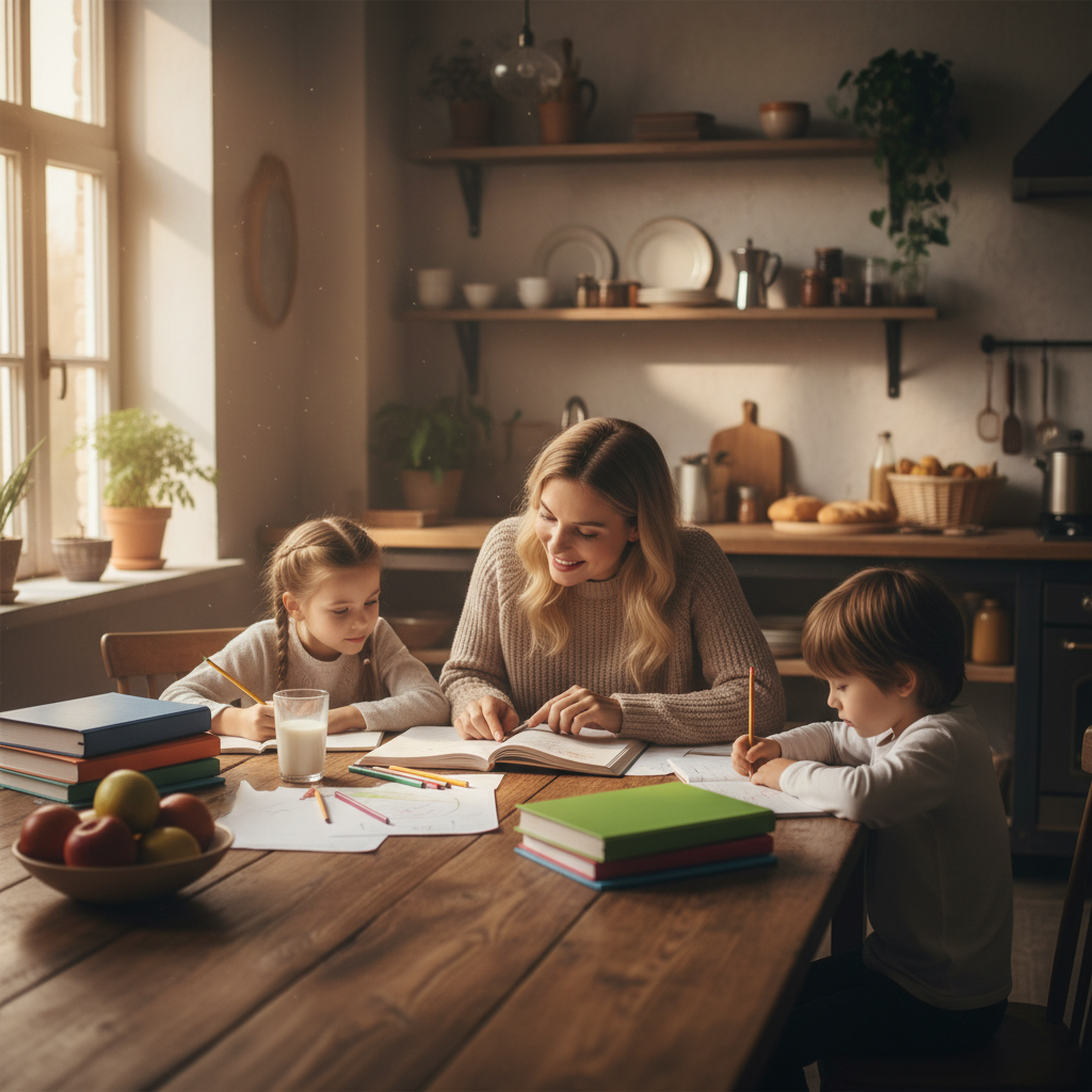 Parent's hand gently holding a child's hand over a kitchen table with homework visible — everyday life continuing