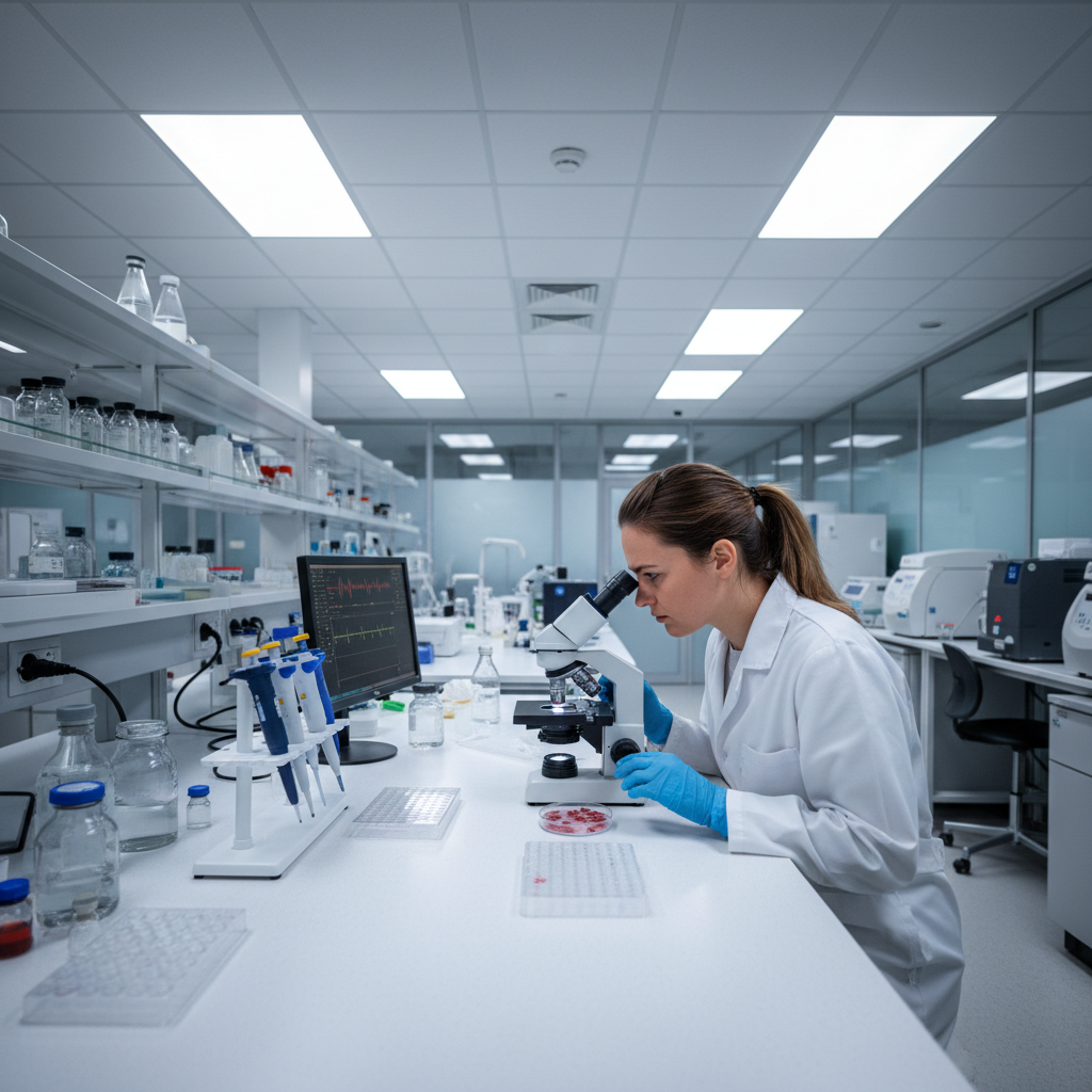 South Asian female student working with microscope in laboratory
