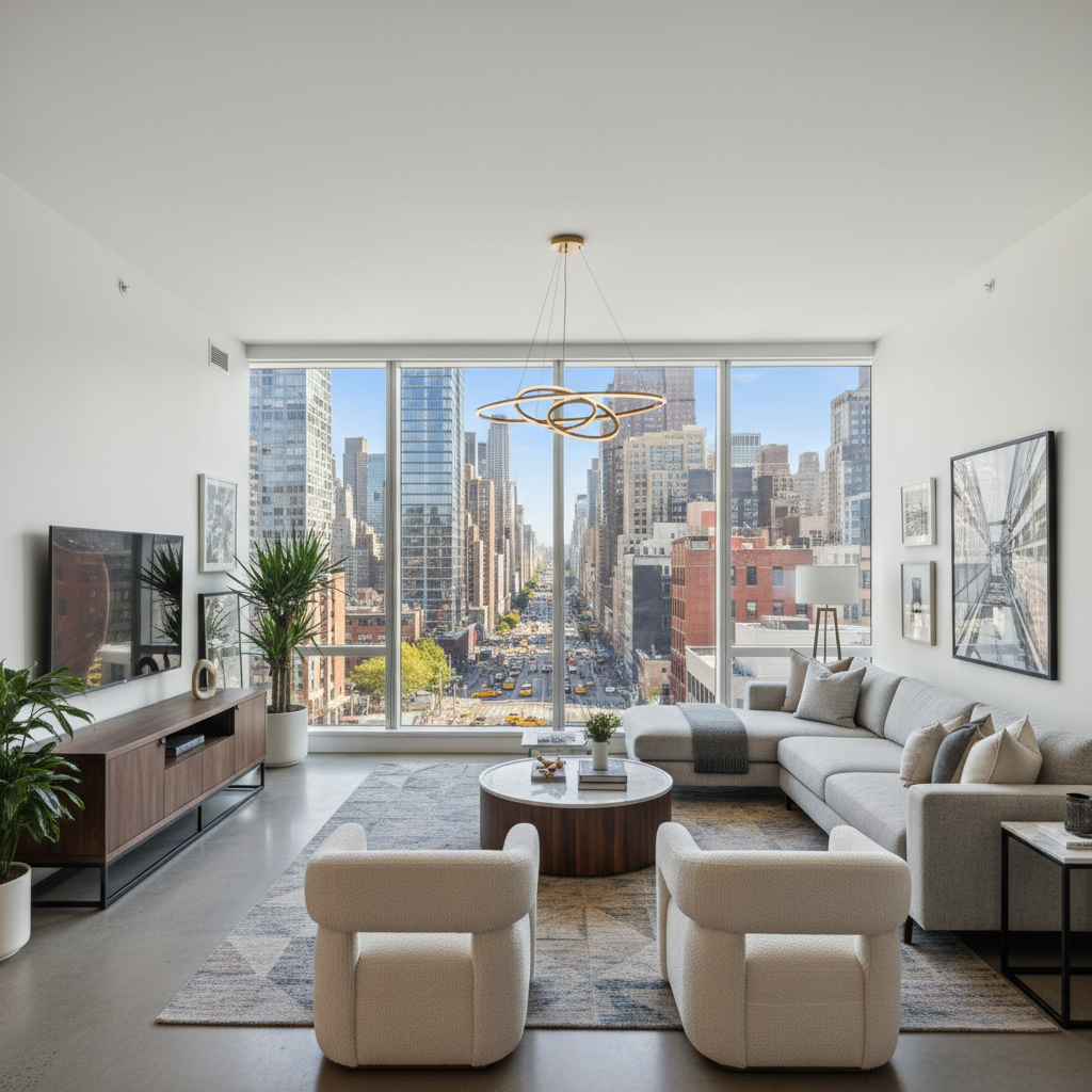 Modern midtown apartment living room with city views