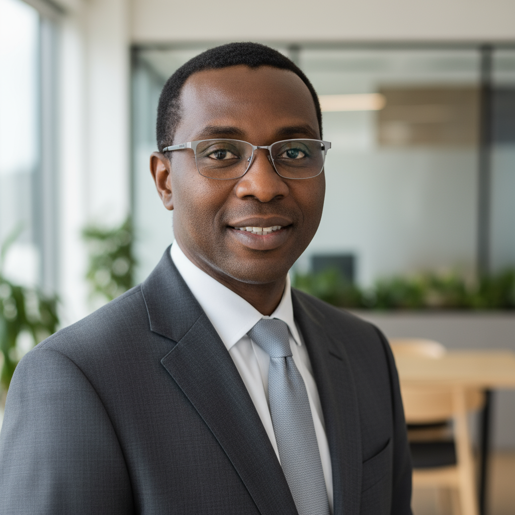 Young Nigerian man in dark professional setting, confident pose, soft studio lighting, dark background