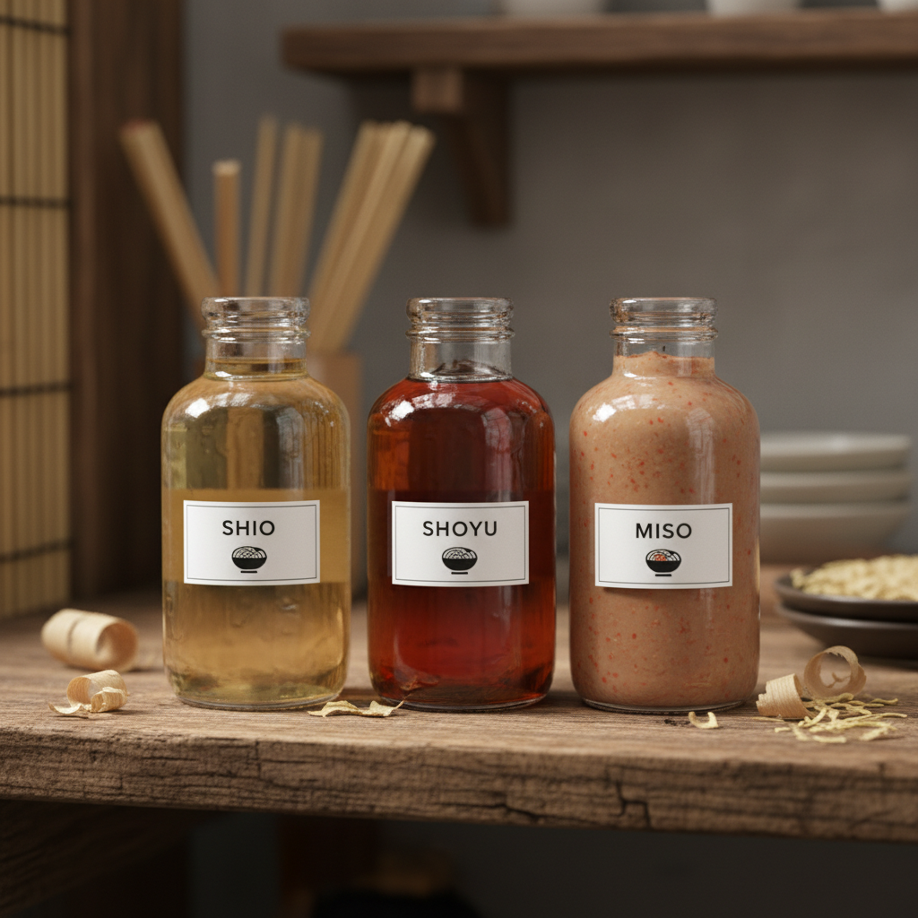 Three small glass bottles of ramen tare seasoning (shio, shoyu, miso) lined up on a wooden shelf