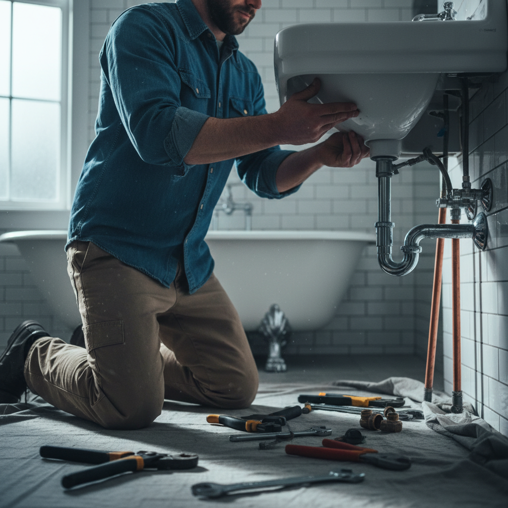 Professional plumber in blue uniform working on pipe installation with tools in modern bathroom