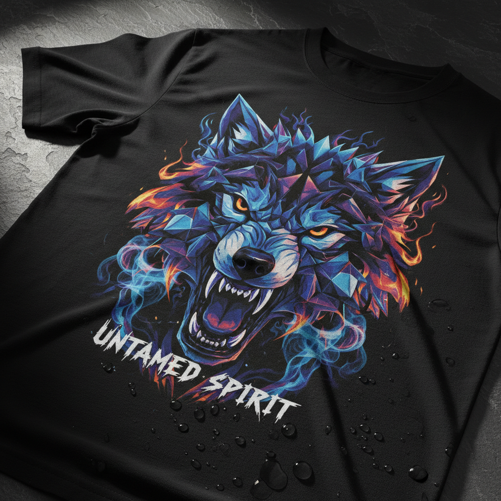 Single custom printed t-shirt on dark surface with dramatic raking light, bold graphic print, moody atmosphere