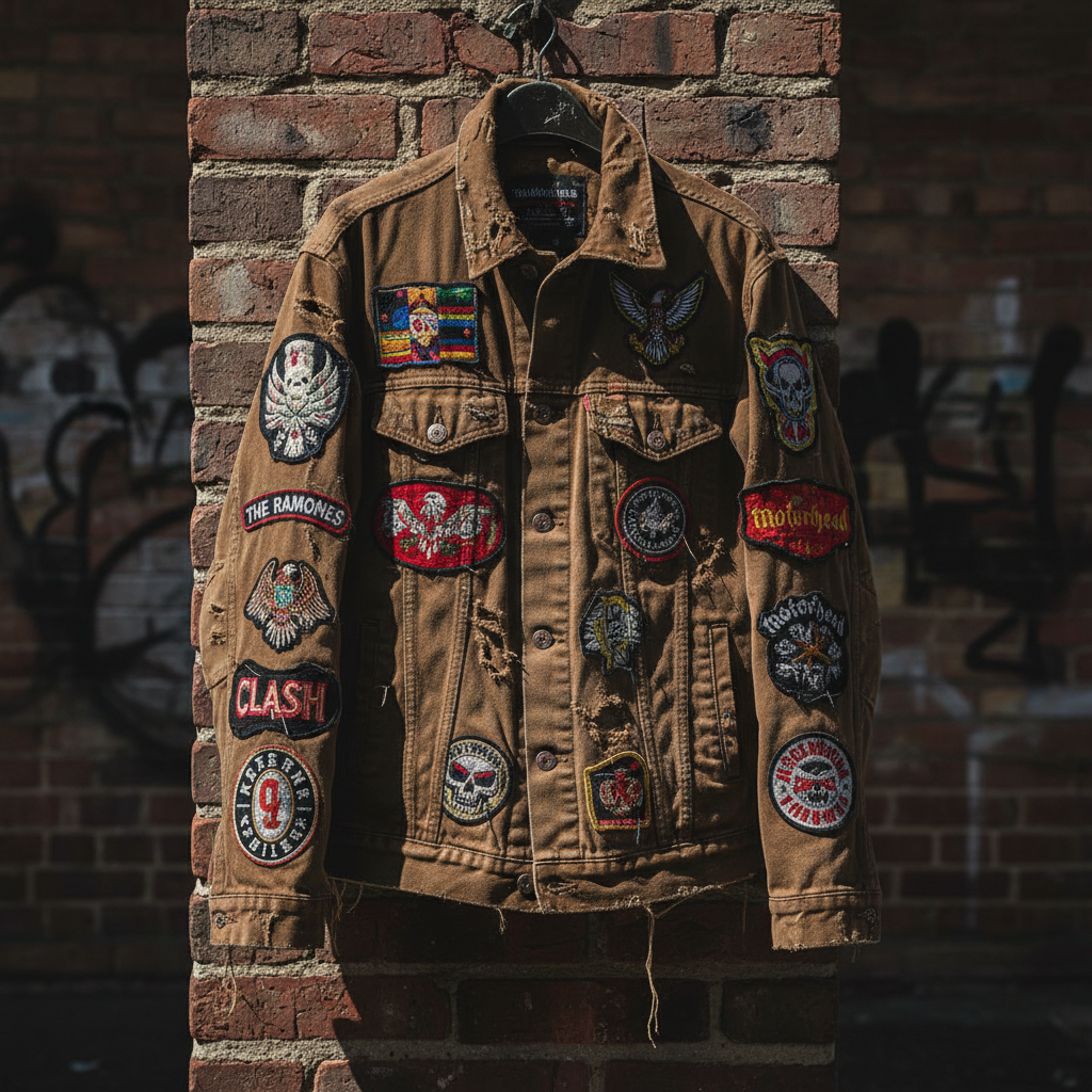 Faded denim jacket hanging on a wall, dark moody background, casual fashion