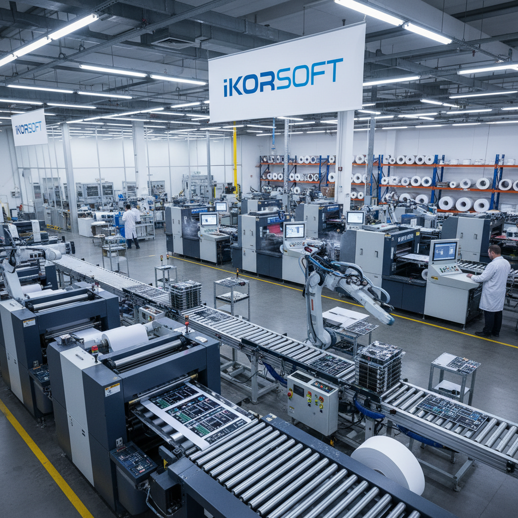 Industrial printing machinery in clean manufacturing facility with blue and silver equipment