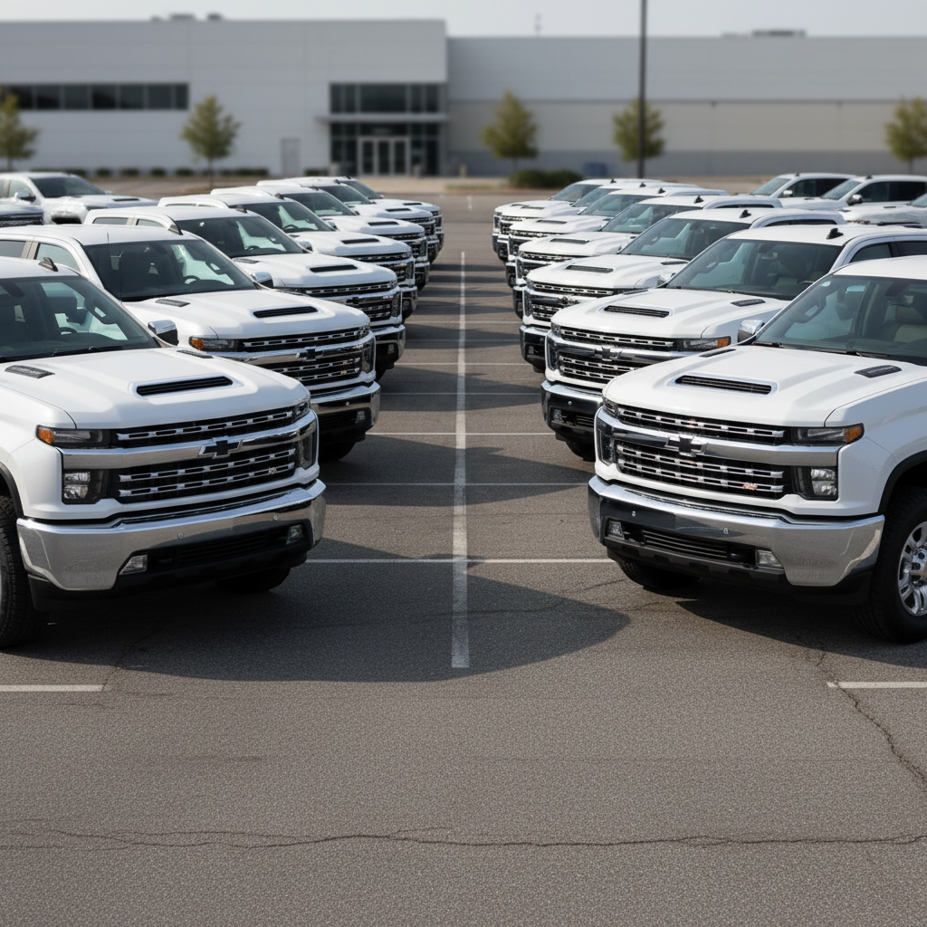 Row of white Chevrolet Silverado HD work trucks in a commercial fleet yard ready for service