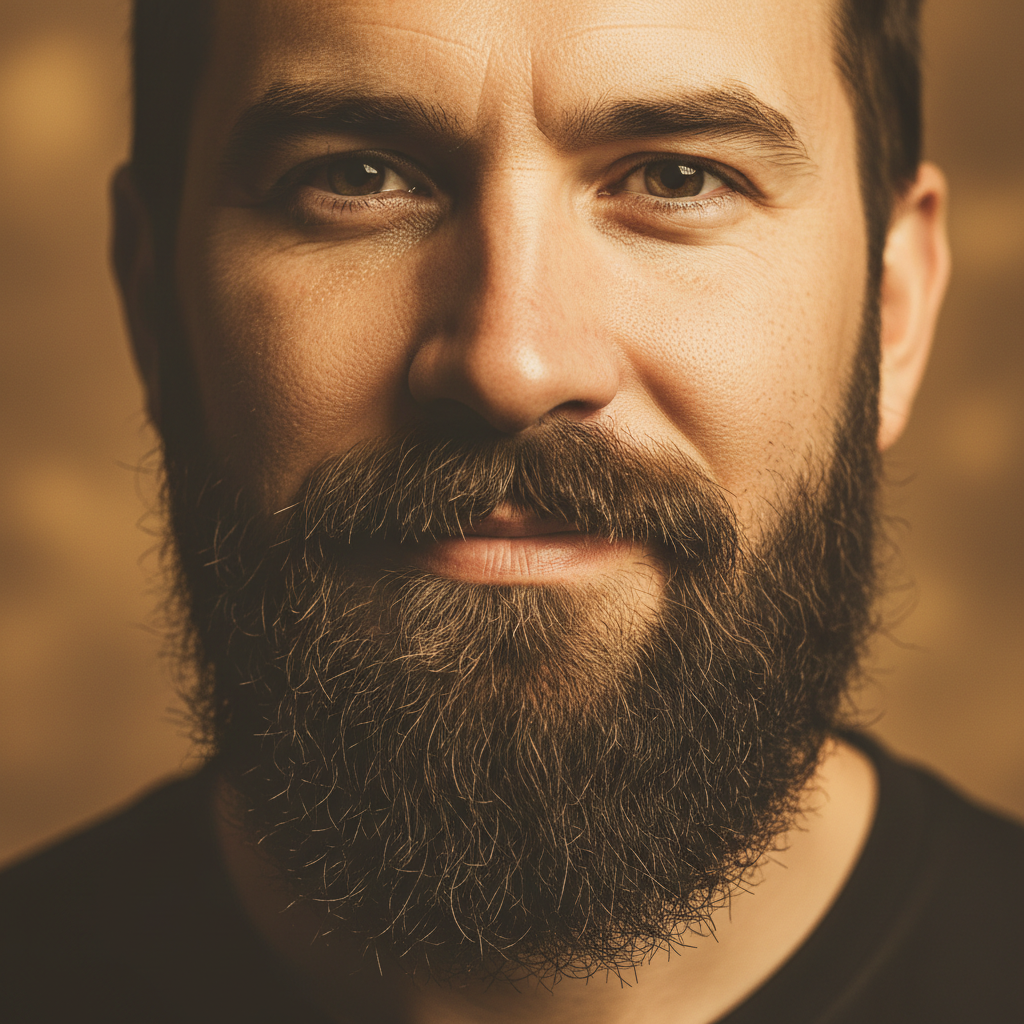 Close-up of a well-groomed beard after sculpting, warm barbershop lighting