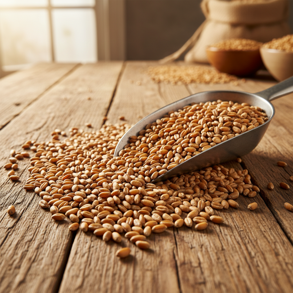 Golden millet grains scattered in a wooden scoop